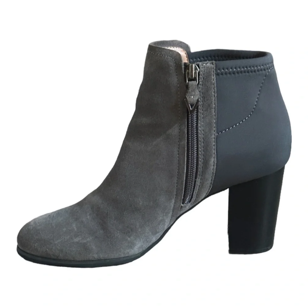 Vionic Whitney Ankle Boots 7.5 Gray Suede Neoprene Block Heel Orthotic Comfort